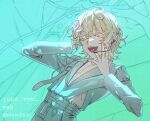 1boy alien_stage aqua_background bibi1015bibi character_name clothing_cutout colored_eyelashes commentary_request grey_shirt hand_on_own_face hand_on_own_head headset highres index_ring jewelry long_sleeves luka_(alien_stage) male_focus microphone multiple_rings open_mouth ring scar scar_on_stomach shirt short_hair signature solo thumb_ring translation_request yellow_eyes zoom_layer 