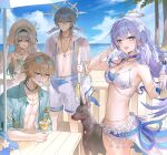  2boys 2girls aventurine_(honkai:_star_rail) aventurine_(waveflair)_(honkai:_star_rail) beach bikini black_hairband blonde_hair blue_hair blue_sky breasts brother_and_sister cleavage commentary cup dog english_commentary eyewear_on_head firefly_(honkai:_star_rail) green_shirt grey_hair hairband halo hand_on_headwear hat head_wings highres holding holding_cup honkai:_star_rail honkai_(series) jeieyeart jewelry large_breasts long_hair lying multiple_boys multiple_girls navel necklace ocean official_alternate_costume on_stomach robin_(honkai:_star_rail) robin_(summeretto)_(honkai:_star_rail) sarong shirt short_hair shorts siblings sky smile straw_hat sunday_(honkai:_star_rail) sunglasses swimsuit very_long_hair white_bikini white_sarong white_shorts white_wings wings yellow_eyes 