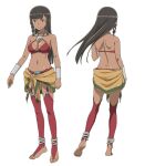  1girl anklet artist_request back bare_shoulders barefoot bikini black_hair bracer braid braided_sidelocks breasts cleavage closed_mouth collarbone dark-skinned_female dark_skin dungeon_ni_deai_wo_motomeru_no_wa_machigatteiru_darou_ka facing_away floating_hair from_behind full_body green_eyes hair_tubes jewelry large_breasts long_hair looking_at_viewer median_furrow medium_breasts metal_hair_tubes multiple_views navel neck_ring official_art red_thighhighs sarong second-party_source shoulder_blades sidelocks simple_background smile standing swimsuit sword_oratoria thighhighs tione_hyryute transparent_background turnaround yellow_sarong 
