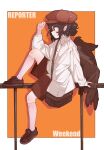  1girl alternate_costume bag bird_wings brown_bag brown_hair brown_shoes brown_shorts brown_wings chinese_commentary closed_mouth collared_shirt commentary_request english_text feathered_wings fengzhong_yuntuan from_side hand_on_headwear hat highres kneehighs loafers long_sleeves pointy_ears red_eyes shameimaru_aya shirt shoes short_hair shorts shoulder_bag sitting socks solo touhou white_shirt white_socks wings 