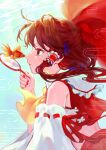  1girl absurdres ascot bow brown_eyes brown_hair commentary_request detached_sleeves egasumi fish frilled_bow frilled_hair_tubes frills from_side goldfish goldfish_scooping hair_bow hair_tubes hakurei_reimu highres holding long_hair looking_at_animal open_mouth red_bow red_nails red_skirt ribbon-trimmed_sleeves ribbon_trim skirt skirt_set solo teruteru_(teru_teru) touhou yellow_ascot 