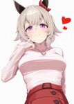 1girl absurdres animal_ears blush bow breasts casual closed_mouth commentary_request curren_chan_(casual)_(umamusume) curren_chan_(umamusume) ear_bow ear_covers grey_hair heart heart_necklace highres horse_ears horse_girl jewelry kirino_mist long_sleeves looking_at_viewer medium_breasts necklace purple_eyes red_bow red_skirt see-through_clothes see-through_sleeves shirt short_hair simple_background skirt smile solo sweater umamusume white_background white_sweater 