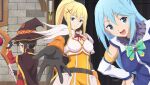  3girls anime_coloring aqua_(konosuba) armor belt black_bodysuit black_gloves blonde_hair blue_choker blue_eyes blue_gem blue_hair blue_shirt bodysuit bow bowtie braid braided_base breasts brooch brown_belt brown_cape brown_hair brown_hat cape choker closed_mouth confident darkness_(konosuba) detached_sleeves dress feathered_wings fingerless_gloves frilled_choker frills from_behind game_asset gem gloves green_bow green_bowtie hair_ornament hand_on_own_hat hand_on_own_hip hat highres holding holding_staff indoors jewelry kono_subarashii_sekai_ni_shukufuku_wo! kono_subarashii_sekai_ni_shukufuku_wo!_kono_yokubukai_game_ni_shinpan_o! large_breasts leaning_to_the_side long_hair long_sleeves looking_at_viewer looking_back medium_breasts megumin multiple_girls non-web_source official_art open_mouth outstretched_arm ponytail ponytail_with_braided_base reaching reaching_towards_viewer red_dress red_eyes red_ribbon ribbon self-datamine shirt short_hair_with_long_locks sidelocks single_wing sleeveless sleeveless_shirt smile staff standing stone_wall upper_body v-shaped_eyebrows white_sleeves white_wings wings witch_hat x_hair_ornament yellow_armor 