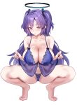  1girl babydoll bare_shoulders barefoot blue_archive blue_babydoll blue_panties blush breasts cameltoe cleavage collarbone commentary_request full_body halo highres jirusu large_breasts lingerie long_hair looking_at_viewer navel open_mouth panties purple_eyes purple_hair see-through_babydoll see-through_clothes simple_background solo spread_legs squatting two_side_up underwear underwear_only very_long_hair white_background yuuka_(blue_archive) 