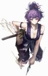  1girl absurdres arm_strap blunt_ends breasts center_opening cleavage clothing_cutout commentary franlol highres hip_vent holding holding_kunai holding_weapon japanese_clothes jigokuraku kimono kishimen_hair kunai large_breasts looking_at_viewer ninja ninjatou ponytail purple_hair purple_kimono red_eyes sash short_sword sideless_kimono simple_background smile solo sword topknot weapon white_background white_sash yuzuriha_(jigokuraku) 