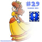  1girl brown_hair commentary crown dress earrings english_commentary english_text flower_earrings frilled_gloves frills gloves gold_crown gown highres jewelry keidontlie mario_(series) medium_hair nakaue_shigehisa_(style) orange_dress pointed_crown princess princess_daisy puffy_sleeves short_sleeves simple_background smile solo vanish_box_(mario) white_background white_gloves yellow_dress 