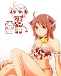  1girl adapted_costume aglio ahoge animal_ears animal_print arm_at_side arm_garter bare_legs bare_shoulders bell bikini black_bikini bow bow_bikini breasts brown_eyes chibi chibi_inset cleavage closed_mouth commentary_request cow_ears cow_horns cow_print cow_print_bikini cow_tail cowbell fake_animal_ears fake_horns fake_tail fatal_frame fatal_frame:_maiden_of_black_water feet_out_of_frame frilled_bikini frills hand_on_own_knee hand_up horns jitome knee_up kozukata_yuuri looking_ahead medium_breasts milk_churn multiple_views navel neck_bell official_alternate_costume partially_colored print_bikini print_bow print_shirt shirt shoes shorts sitting socks solo standing strapless strapless_bikini swimsuit tail thigh_strap 
