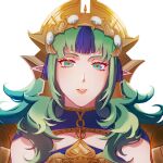  1girl absurdres commentary fire_emblem fire_emblem:_fortune's_weave green_eyes green_hair hair_ornament headpiece highres irithyll8157351 lips long_hair looking_at_viewer open_mouth pointy_ears simple_background solo sothis_(adult)_(fire_emblem) sothis_(fire_emblem) tassel tassel_hair_ornament tiara upper_body white_background 