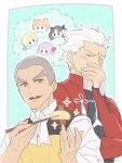  2boys alexandre_dumas_(fate) aopix_001 apron archer_(fate) artoria_pendragon_(fate) ascot blue_background blush chopsticks closed_eyes commentary_request covering_own_mouth dark-skinned_male dark_skin eating fate/grand_order fate/stay_night fate_(series) food fujimura_taiga grey_hair hair_ribbon highres holding holding_chopsticks male_focus matou_sakura multiple_boys open_mouth ribbon saber_(fate) shirt short_hair sideburns smile sparkle teeth tohsaka_rin very_short_hair vest white_hair white_shirt 