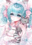  1girl :o absurdres aegyo_sal ahoge animal animal_ear_fluff animal_ears black_bow black_cat blue_eyes blue_hair blush bow breasts cat cat_ears cat_girl cleavage commission detached_collar detached_sleeves dress drill_hair eyelashes glint hair_between_eyes hair_bow hair_intakes highres holding holding_animal holding_cat maid_headdress medium_breasts medium_hair mihuashi_commission original parted_lips pink_bow sidelocks solo too_many_drills upper_body watermark white_dress white_sleeves youqu_de_shu_shu 