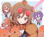  1boy 1girl :d animification artist_request beanie black_sweater_vest brown_hair cardigan chibi chibi_inset chinese_commentary commentary_request commission crown english_text eyewear_on_head flower hat highres humanization lifesteal_smp looking_at_viewer minecraft_youtube octopus open_cardigan open_clothes open_mouth orange_cardigan orange_eyes orange_hat orange_scarf purple_hair purple_sweater red-tinted_eyewear red_flower round_eyewear scarf second-party_source shirt short_hair sleeves_past_fingers sleeves_past_wrists smile solo_focus squiddo sunglasses sweater sweater_vest textless_version tinted_eyewear upper_body variant_set wemmbu white_shirt 