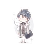  1boy aeon_(shining_nikki) animal_on_back antenna_hair bear black_eyes black_shirt black_shoes blue_hair blush_stickers book brown_jacket buttons chibi chinese_commentary coat commentary_request dress_shoes grey_coat holding holding_book hood hood_down hooded_coat interruption_(echo-023) jacket long_sleeves looking_ahead male_focus messy_hair nikki_(series) no_mouth pants parted_bangs polar_bear print_coat shadow shining_nikki shirt shoes short_hair signature sleeves_past_wrists solid_oval_eyes solo sparkle standing striped_clothes striped_jacket suit_pants turtleneck turtleneck_shirt vertical-striped_clothes vertical-striped_jacket wave_print white_background white_hood white_pants 