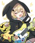  1girl :d black_hoodie blonde_hair blush closed_eyes commentary double-parted_bangs drawstring fang guitar highres holding holding_guitar holding_instrument holding_plectrum hood hood_up hoodie instrument long_sleeves necoyu_(yuyudomino) open_mouth pikachu plectrum pokemon pokemon_(creature) short_hair simple_background smile upper_body white_background 