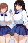  2girls between_legs between_thighs black_hair blue_bow blue_bowtie blue_skirt bow bowtie bra_visible_through_clothes breasts brown_hair button_gap cleavage collared_shirt commentary_request electric_fan grey_background highres huge_breasts kaisen_chuui long_hair long_sleeves looking_at_viewer multiple_girls open_mouth original panties panty_peek pleated_skirt school_uniform see-through_clothes see-through_shirt shirt short_hair side-tie_panties side-tie_peek simple_background skirt sleeves_rolled_up standing thighs underwear white_shirt 