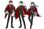  3boys :d akatsuki_(ensemble_stars!) alternate_costume belt black_belt black_pants black_shirt black_shoes black_streaks collared_shirt contrapposto crescent curtained_hair dreonya ensemble_stars! full_body glasses green_eyes green_hair hair_between_eyes hair_intakes hand_fan hand_on_own_hip hand_up hasumi_keito highres holding holding_fan holding_sword holding_weapon idol japanese_clothes kanzaki_souma katana kimono kiryu_kuro leaf_print long_hair long_sleeves male_focus maple_leaf_print motoyui multicolored_hair multiple_boys pants paper_fan ponytail purple_eyes purple_hair red_belt red_hair red_kimono shirt shoes short_hair sidelocks simple_background smile spiked_hair standing streaked_hair sword thigh_belt thigh_strap v-shaped_eyebrows weapon white_background wide_sleeves 