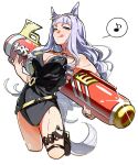  1girl animal_ears bare_shoulders black_one-piece_swimsuit blunt_bangs breasts casual_one-piece_swimsuit cleavage commentary eyewear_on_head gold_ship_(run!_ruin!_launcher!)_(umamusume) gold_ship_(umamusume) grey_hair highres holding holding_water_gun horse_ears horse_girl horse_tail jewelry large_breasts long_hair musical_note official_alternate_costume ohayonabeno one-piece_swimsuit purple-tinted_eyewear purple_eyes revision smile solo spoken_musical_note sunglasses swimsuit tail tinted_eyewear tongue tongue_out umamusume untranslatable_commentary water_gun yellow-framed_eyewear 