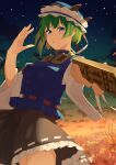  1girl absurdres black_skirt blue_eyes blue_hat blue_vest blurry blush breasts commentary_request depth_of_field epaulettes flower frilled_hat frilled_skirt frills green_hair hat highres long_sleeves looking_at_viewer medium_breasts open_mouth outdoors raian_macaroni red_flower ribbon-trimmed_skirt ribbon_trim rod_of_remorse shiki_eiki shirt skirt sleeve_bow solo spider_lily touhou vest white_shirt wide_sleeves 