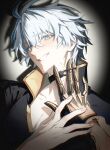  2boys antenna_hair black_background black_choker black_shirt blue_eyes choker collarbone collared_shirt crossed_bangs english_commentary fingernails gauntlets gold_trim hair_between_eyes hand_on_another's_neck hand_up high_collar highres holding_another's_wrist honkai:_star_rail honkai_(series) looking_at_viewer male_focus multiple_boys mydei_(honkai:_star_rail) neck_tattoo phainon_(honkai:_star_rail) shadow shirt short_hair short_sleeves simple_background single_gauntlet smile solo_focus spotlight sudotudou sun_symbol sun_tattoo tattoo teeth upper_body white_hair yaoi yellow_pupils 
