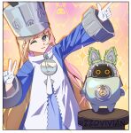  1girl 1other bangboo_(zenless_zone_zero) blonde_hair blue_jacket blush closed_mouth commentary english_commentary gloves grey_hat grey_helmet hat helmet highres jacket large_hat long_hair looking_at_viewer norma_hollowell one_eye_closed purple_eyes shako_cap smile star_(symbol) twitter_username upper_body white_gloves zenless_zone_zero zz0vivianart 