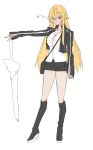  1girl bag black_bag black_boots black_jacket black_shorts blonde_hair boots commentary_request dareas2s2 fate/stay_night fate_(series) genderswap genderswap_(mtf) gilgamesh_(fate) highres jacket korean_commentary long_hair open_clothes open_jacket red_eyes shorts white_background 
