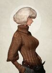 1girl absurdres belt blue_eyes breasts brown_shirt commentary english_commentary from_side hands_in_pockets highres looking_to_the_side original shirt short_hair simple_background solo sweater the_antin turtleneck turtleneck_sweater white_hair 