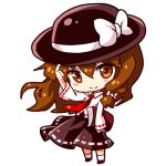  1girl alternate_hair_length_(longer) black_hat black_shoes black_skirt book bow brown_eyes brown_hair chibi chibi_only closed_mouth collared_shirt commentary fedora full_body hair_between_eyes hair_bow hat hat_ribbon holding holding_book long_hair long_sleeves looking_at_viewer lowres necktie one-hour_drawing_challenge red_necktie red_ribbon renren_(ah_renren) ribbon ribbon-trimmed_skirt ribbon-trimmed_sleeves ribbon_trim shirt shoes simple_background skirt smile socks solo touhou usami_renko white_background white_bow white_ribbon white_shirt white_socks 