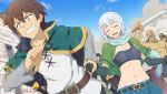  1girl anime_coloring bald belt belt_buckle black_belt black_gloves black_pants black_shirt blue_scarf blue_shorts blue_sky breasts brown_belt brown_hair buckle cape capelet chris_(konosuba) clenched_hand clenched_teeth closed_eyes cloud constricted_pupils crop_top day denim denim_shorts dutch_angle elbow_gloves game_asset gloves gloves_over_elbow_gloves green_cape green_capelet green_eyes grey_hair hand_grab hands_up highres holding holding_sword holding_weapon kono_subarashii_sekai_ni_shukufuku_wo! kono_subarashii_sekai_ni_shukufuku_wo!_kono_yokubukai_game_ni_shinpan_o! looking_ahead midriff multiple_boys navel non-web_source official_art open_mouth outdoors pants running satou_kazuma scar scar_on_cheek scar_on_face scarf self-datamine sheath sheathed shirt short_hair shorts side_ahoge sky smoke standing sword teeth upper_body v-shaped_eyebrows weapon white_shirt 