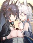  1boy 2girls animal_ears aqua_eyes arknights bar_censor black_hair blaze_(arknights) blaze_the_igniting_spark_(arknights) blush breast_press breasts breasts_out breasts_squeezed_together cat_ears cat_girl censored commentary_request cooperative_paizuri doctor_(arknights) ffm_threesome group_sex hair_between_eyes hair_ornament hairclip handsfree_breast_squeeze highres infection_monitor_(arknights) long_hair looking_at_viewer male_doctor_(arknights) mole mole_under_mouth multiple_girls paizuri penis ponytail pov purple_eyes reber sketch smile teamwork_(sexual) threesome upper_body white_hair xingzhu_(arknights) 