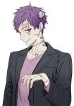  1boy fingernails grin hagiwara_daisuke halloween_costume hand_up hori-san_to_miyamura-kun ishikawa_tooru layered_clothes layered_sleeves long_sleeves looking_at_viewer male_focus purple_eyes purple_hair purple_shirt scar scar_across_eye scar_on_face scar_on_hand scar_on_neck screw shirt short_bangs short_hair smile solo upper_body 