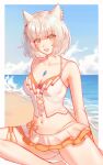  1girl animal_ear_fluff animal_ears aqing_1229 bare_legs beach bikini bikini_skirt blue_sky braid breasts cat_ears chest_jewel cleavage commentary english_commentary fang highres mio_(xenoblade) navel ocean official_alternate_costume open_mouth sand single_braid sky solo stomach swimsuit white_hair xenoblade_chronicles_(series) xenoblade_chronicles_3 yellow_eyes 