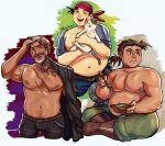  3boys :d :t animal armor bandana bara beard belly belt black_belt black_hair black_pants blue_eyes blue_pants blush boots bowl brown_belt brown_boots brown_eyes brown_hair cat character_request closed_mouth commentary copyright_request dark-skinned_male dark_skin eating english_commentary facial_hair fangs final_fantasy final_fantasy_vii final_fantasy_vii_remake garl_(sea_of_stars) green_eyes green_pants grey_hair hand_on_own_head heterochromia highres holding holding_animal holding_bowl holding_cat holding_spoon indian_style jacket jacket_on_shoulders kurokuppo long_hair looking_at_animal looking_at_viewer looking_to_the_side male_focus mature_male multicolored_hair multiple_boys muscular muscular_male neck_tattoo nipples one_eye_closed open_mouth pants pectorals ponytail red_bandana scar scar_across_eye scar_on_chest scar_on_face sea_of_stars short_hair shoulder_armor sitting smile spoon tattoo topless_male two-tone_hair wedge_(ff7) 