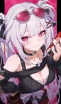  1girl absurdres black_choker black_shirt breasts chinese_commentary choker cleavage commentary_request eyewear_on_head facial_mark hair_ornament hand_on_own_hip heart heart_facial_mark highres honkai:_star_rail honkai_(series) jewelry long_hair looking_at_viewer md5_mismatch official_alternate_costume pink_eyes red_nails red_skirt shali shirt skirt smile solo sparkle_(honkai:_star_rail) sparxie_(candy-coated_waves)_(honkai:_star_rail) sparxie_(honkai:_star_rail) sunglasses twintails white_hair x_hair_ornament 