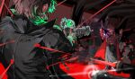  3boys animification antenna_hair black_coat black_pants brown_hair cape clenched_teeth coat commentary cyborg edd_(eddsworld) eddsworld energy_gun flipped_hair from_behind future_edd_(eddsworld) green_hoodie hair_ears hands_up highres holding holding_energy_gun holding_weapon hood hood_down hoodie kuangzihaixing laser long_sleeves male_focus mature_male mechanical_arms military_coat military_uniform multiple_boys painterly pants paul_(eddsworld) prosthesis prosthetic_arm ray_gun red_cape red_leader_(eddsworld) short_hair single_mechanical_arm teeth the_beginning_and_the_friend tord_(eddsworld) trench_coat weapon 