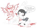  :o ^_^ blood blood_on_hand blood_splatter blue_feathers blush_stickers body_fur closed_eyes creature creature_focus english_text feather_hair feathers fraid grey_fur grin jejejunum no_humans original pointing shrike_(jejejunum) smile speech_bubble white_fur 