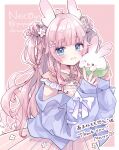  1girl :3 :t absurdres ahoge amane_momo_(vtuber) animal animal_ears artist_name blue_eyes blue_jacket blunt_bangs blush border bow closed_mouth commentary_request commission cowboy_shot dot_nose double_bun dress flower hair_bow hair_bun hair_flower hair_ornament hairclip highres holding holding_animal indie_virtual_youtuber jacket long_hair long_sleeves necoyu_(yuyudomino) off_shoulder open_clothes open_jacket outline outside_border pink_background pink_dress pink_hair polka_dot polka_dot_background rabbit rabbit_ears skeb_commission sleeve_bow sleeves_past_wrists solo striped_clothes striped_dress twitter_username two_side_up vertical-striped_clothes vertical-striped_dress virtual_youtuber watermark white_border white_bow white_outline 