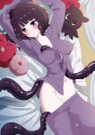  1girl absurdres blue_eyes blush breasts clothes_pull commentary_request fate/grand_order fate_(series) grey_pants grey_shirt harurukan highres katsushika_hokusai_(fate) large_breasts long_sleeves looking_at_viewer lying navel octopus on_back pants purple_hair shirt short_hair tentacles toto-sama_(fate) 