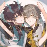  2boys absurdres beads black_hair black_hanfu black_jacket blue_eyes blue_hair caelus_(chinese_new_year_2024)_(honkai:_star_rail) caelus_(honkai:_star_rail) chinese_clothes closed_mouth colored_inner_hair commentary_request dan_heng_(honkai:_star_rail) dan_heng_(imbibitor_lunae)_(honkai:_star_rail) dan_heng_(imbibitor_lunae)_(literary)_(honkai:_star_rail) dragon_boy dragon_horns earrings eyeliner fingernails flower_knot glasses gold_trim grey_hair hair_beads hair_between_eyes hair_ornament hand_up hanfu heart heart_hands highres honkai:_star_rail honkai_(series) horns jacket jewelry lapels looking_at_viewer makeup male_focus multicolored_hair multiple_boys noir39 official_alternate_costume official_alternate_hairstyle one_eye_closed open_clothes open_jacket pointy_ears red_eyeliner red_hair seigaiha semi-rimless_eyewear shadow shirt short_hair simple_background single_earring single_sidelock smile streaked_hair tangzhuang tassel tassel_earrings trailblazer_(honkai:_star_rail) white_background white_shirt yaoi yellow-framed_eyewear yellow_eyes 