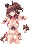  1girl absurdres animal_ears aston_machan_(umamusume) bare_shoulders bikini bikini_skirt black_bow blush bow breasts brown_hair character_doll chibi cleavage closed_mouth collarbone commentary_request crown doll green_eyes hair_between_eyes hair_ornament hair_scrunchie highres horse_ears horse_girl large_breasts looking_at_viewer mini_crown navel one_side_up red_scrunchie scrunchie shinonome_halltro simple_background smile stomach sunglasses swimsuit tail umamusume white_background white_bikini wristband 
