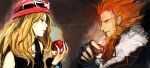  1boy 1girl ascot beard black_coat black_dress blonde_hair blue_eyes brown_background chieda_(mmnmymns2up) chinstrap_beard coat commentary dress facial_hair facing_another fingerless_gloves fur-trimmed_coat fur_trim gloves hair_slicked_back hat holding holding_poke_ball long_sideburns looking_at_another lysandre_(pokemon) mature_male poke_ball poke_ball_(basic) pokemon pokemon_x_and_y red_ascot red_hair red_hat serena_(pokemon) sideburns trilby upper_body wavy_hair 