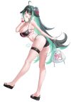  1girl :d absurdres ahoge ass bare_shoulders bihyung_(black_survival) bikini black_bikini black_hair black_sandals black_survival breasts cleavage commentary english_commentary eternal_return:_black_survival eyepatch_bikini fingernails full_body green_hair highres holding huge_breasts legs long_fingernails long_hair multicolored_hair navel one_eye_closed open_mouth platform_sandals red_scrunchie sandals scrunchie simple_background smile solo suisen_(suisenhwa) swimsuit thigh_strap thighs two-tone_hair v white_background wrist_scrunchie yellow_eyes 