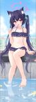  1girl :d absurdres animal_ear_fluff animal_ears barefoot bikini bikini_skirt black_bikini blue_archive blue_ribbon blue_sky blush cat_ears cat_girl collarbone commentary_request day extra_ears fang feet food frilled_bikini frills hair_ribbon halo hand_up highres holding holding_food holding_popsicle long_hair looking_at_viewer mochizuki_riku navel off-shoulder_bikini off_shoulder official_alternate_costume open_mouth outdoors pink_halo poolside popsicle red_eyes red_halo ribbon serika_(blue_archive) serika_(swimsuit)_(blue_archive) sitting sky smile soaking_feet solo stomach swimsuit toes twintails 