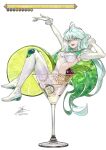  1girl arm_up boots breasts cherry cocktail_glass colored_inner_hair commentary cup drinking_glass fadingz fate/grand_order fate_(series) food fruit gameplay_mechanics green_eyes kukulkan_(fate) kukulkan_(second_ascension)_(fate) lemon lemon_slice long_hair looking_at_viewer medium_breasts multicolored_hair open_mouth oversized_object pixiv_id signature sitting solo thigh_boots very_long_hair white_boots 