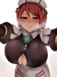  1girl azure_striker_gunvolt azure_striker_gunvolt_2 beruzumi-m blush breast_focus breasts commentary_request cum cum_on_body cum_on_breasts hanging_breasts highres implied_paizuri large_breasts looking_at_viewer maid maid_headdress nowa_(gunvolt) pov red_eyes red_hair short_hair steam white_background 
