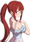  1girl absurdres armpit_crease bare_shoulders bespectacled blue_shirt blush choker closed_mouth commentary_request earrings flower_earrings frilled_shirt frills from_side glasses grey-framed_eyewear grey_skirt hair_intakes hands_up highres idolmaster idolmaster_million_live! idolmaster_million_live!_theater_days jewelry long_hair looking_at_viewer looking_to_the_side niwatorimushi off-shoulder_shirt off_shoulder official_alternate_costume official_alternate_hairstyle ponytail red_eyes red_hair round_eyewear shirt shirt_tucked_in short_sleeves shoulder_blades sideways_glance simple_background skirt solo spaghetti_strap tanaka_kotoha turning_head upper_body very_long_hair white_background white_choker 