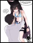  1boy 1girl animal_ear_fluff animal_ears armpit_carry bikini black_hair blue_archive blue_bikini breasts carrying carrying_person commentary dog_tags english_commentary english_text fox_ears fox_girl halo holster lifting_person long_hair melissa_v2 navel red_halo sensei_(blue_archive) small_breasts swimsuit thigh_holster watch white_background yukino_(blue_archive) 