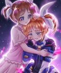  1girl absurdres arm_guards artist_name black_gloves blue_eyes blurry blurry_background brown_hair casual child closed_mouth commentary_request cropped_jacket crying crying_with_eyes_open dual_persona fingerless_gloves glint gloves headpat high_side_ponytail highres hug light_smile lyrical_nanoha magical_girl mahou_shoujo_lyrical_nanoha_detonation official_alternate_costume outline parted_lips pink_shirt pink_skirt rosen_madchen shirt short_hair short_sleeves short_twintails side_ponytail simple_background skirt star-shaped_pupils star_(symbol) streaming_tears symbol-shaped_pupils takamachi_nanoha takamachi_nanoha_(formula_ii) tears twintails twitter_username upper_body white_outline 
