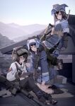  2026 3girls absurdres artist_name battle_rifle black_hair black_pantyhose black_socks closed_eyes commentary fingerless_gloves fn_fal glasses gloves green_eyes grey_sky gun hat headphones highres holding holding_gun holding_pen holding_weapon kneeling knife long_sleeves magazine_(weapon) military multiple_girls nusisring_tactical on_roof outdoors pantyhose pen rifle shoes short_hair sitting skirt sky smile socks tactical_gloves vectorek weapon 