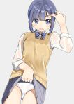  absurdres adjusting_hair blue_eyes blue_hair blue_skirt bow bowtie clothes_lift collared_shirt commentary_request dress_shirt hand_up highres long_sleeves negimiso1989 original panties pantyshot pleated_skirt ponytail school_uniform shirt sidelocks simple_background skirt skirt_lift sleeveless sleeveless_sweater sleeves_rolled_up sweater sweater_vest thigh_gap two-tone_bow two-tone_bowtie underwear wet wet_clothes wet_shirt wet_sweater white_background white_panties white_shirt 
