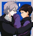  ... 2boys black_hoodie blue_background blush brown_hair closed_mouth commentary_request dress_shirt from_side grey_hair highres hood hood_down hoodie ikari_shinji kura915_203 male_focus multiple_boys nagisa_kaworu neon_genesis_evangelion shirt short_hair simple_background spoken_ellipsis sweater upper_body yaoi 