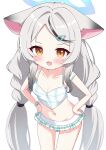  1girl absurdres animal_ear_fluff animal_ears bare_arms bare_shoulders bikini bikini_skirt black_hair blue_archive blue_halo blush braid braided_twintails breasts brown_eyes chestnut_mouth cleavage collarbone commentary forehead grey_hair hair_ornament hairclip halo hands_on_own_hips highres kokona_(blue_archive) kokona_(swimsuit)_(blue_archive) kurumizawa_ruri leaning_forward long_hair looking_at_viewer low-tied_long_hair low_twintails multicolored_hair navel official_alternate_costume official_alternate_hairstyle open_mouth parted_bangs plaid_bikini plaid_clothes simple_background small_breasts solo stomach streaked_hair swimsuit twin_braids twintails v-shaped_eyebrows very_long_hair white_background 